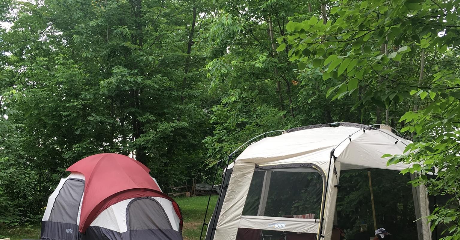 Two tents set up in a wooded campsite with lush green trees surrounding them. One tent is red and gray, and the other is white with clear panels.